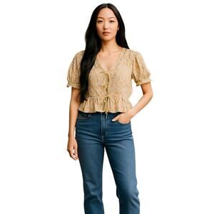 Sophie Rue New Womens Floral Short Sleeve Tie Front Blouse Butter Yellow XL Boho